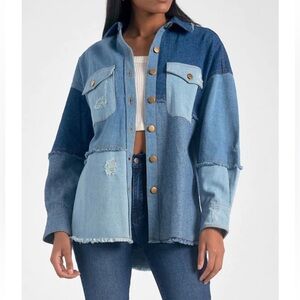 Brand New ELAN Patchwork Jacket Denim Button Up Jean Shacket Distressed Frayed